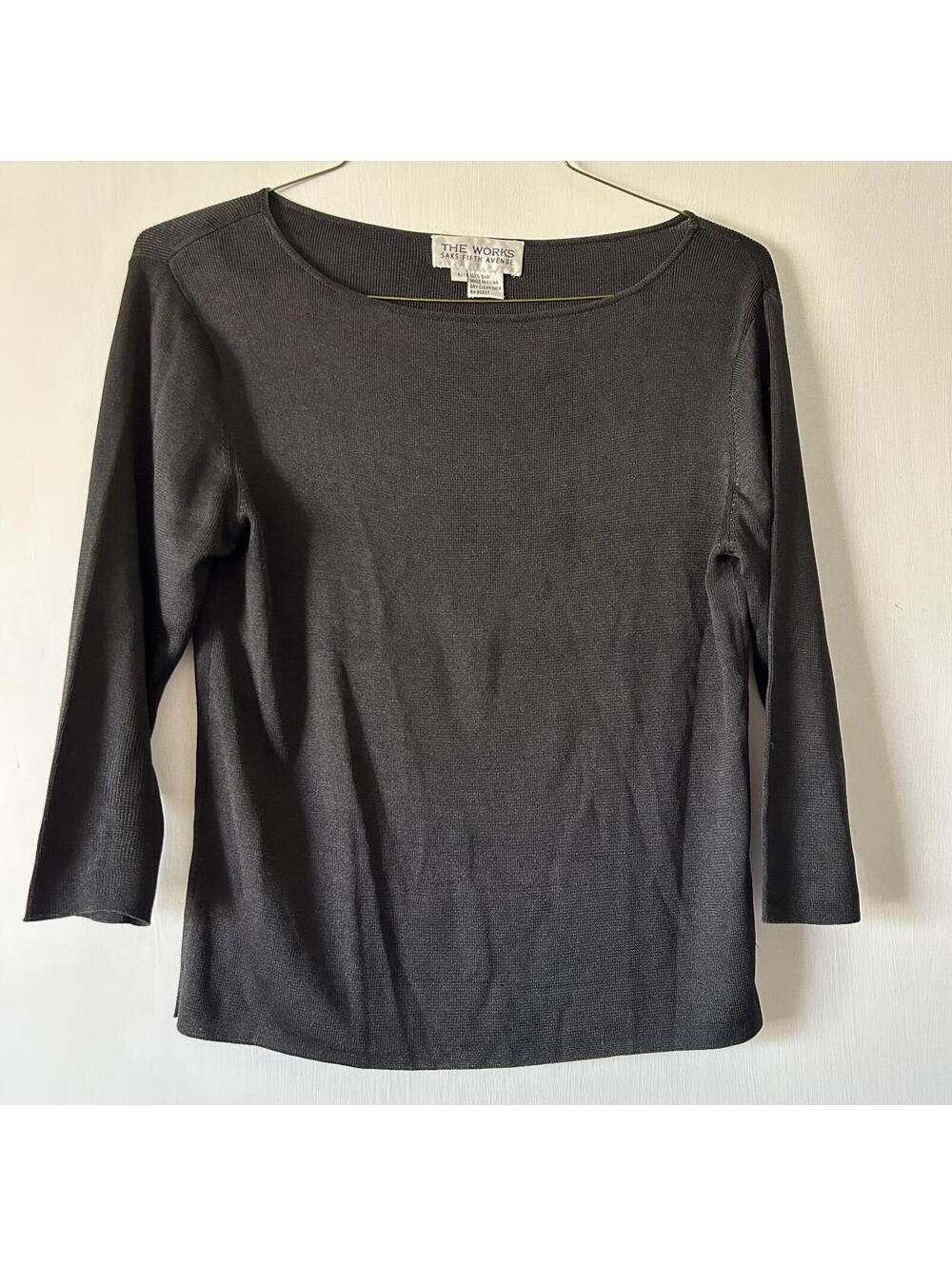 The Works Saks Fifth Avenue Black 100% Silk knit 3/4 sleeve round neck size L